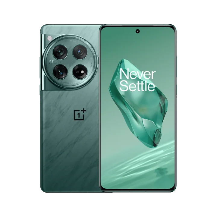 Green OnePlus 12 shown from the front and rear