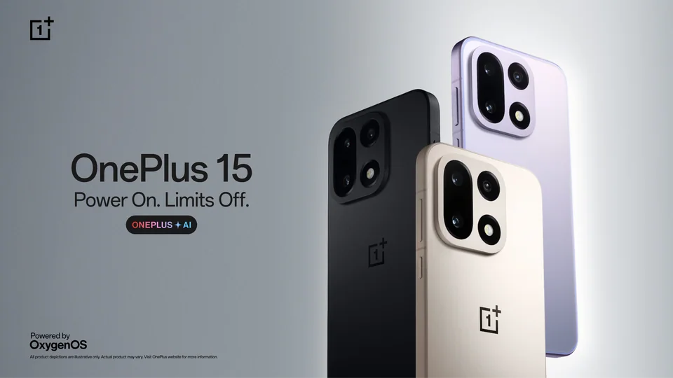 Three OnePlus 15 color variants in an official product image