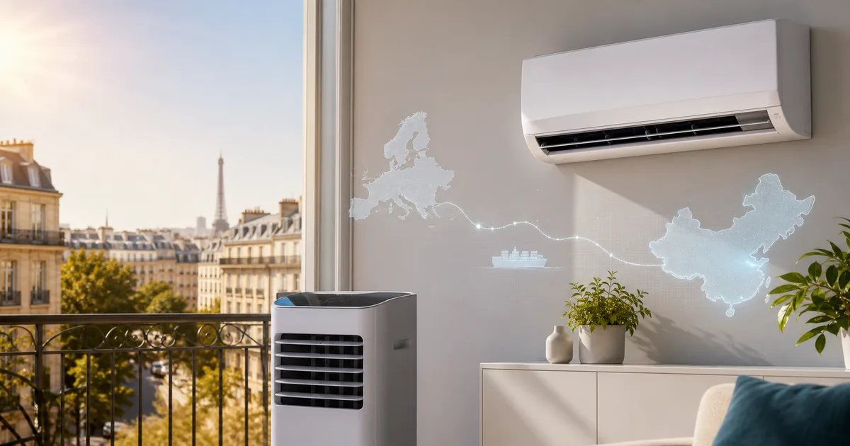 A European apartment in a summer heatwave with air conditioning and portable cooling appliances.